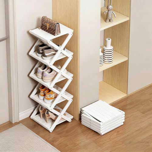 Bamboo Shoe Rack - No Assembly Required, Tall Narrow Foldable Shoe Organizer, Space-Saving Multifunctional Shelf for Entryways, Corners, Bedrooms, Balconies, 5 Layer White (Reinforced And Thickened )