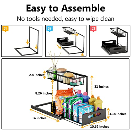 Slide Out Under Sink Organizers and Storage, Black, 1 Pack | 2 Tier, Sturdy Metal, Cabinet Organizer, for Kitchen Bathroom