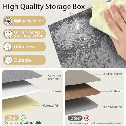 Yawinhe Fabric Storage Boxes with Lids,White/Grey,15.0x9.8x9.8in,1-Pack | Container with Leather Handle,Washable Storage Basket, Clothes Blanket Bin,Collapsible Closet Organizer for Bedroom