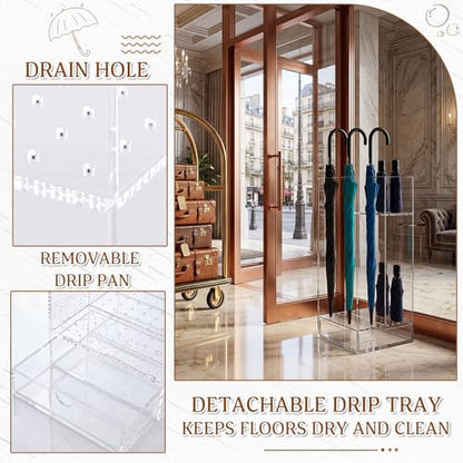 Leinuosen 9 x 9 x 22 Inch Clear Acrylic Umbrella Stand Organizer, Thick Freestanding Entryway Umbrella Holder with Long and Short Compartments, Modern Storage Rack for Home, Office and Lobby