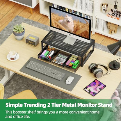 Simple Trending Metal Monitor Stand Riser and Computer Desk Organizer with Drawer for Laptop, Computer, iMac, Black | 16"W x 10"D x 6.25"H. Sturdy Metal Frame. 2-tier + drawer. Holds 66 lbs. Anti-slip. Fits laptop, monitor, iMac. Easy assembly