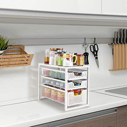 Simple Trending Under Sink Organizer 3-Tier with Sliding Storage Drawer | Multi-Purpose Desktop Organizer, Metal Cabinet Organizer for Kitchen Bathroom Office, Stackbale, Space Saving, White