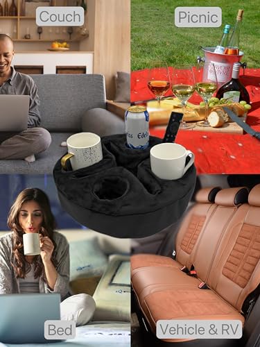 Xchouxer Couch and Bed Cup Holder Pillow, Sofa Organizer Caddy for Drinks, Remotes, Phones, Snacks (Black)