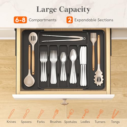 Expandable Silverware Drawer Organizer for Kitchen... (Black | Plastic)