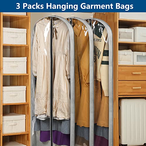 3 Pack 60" Long Garment Bags for Hanging Clothes Storage | Clear Suit Garment Bags with 4" Gussets for Closet Storage Travel Plastic Protector for Dress Gowns, Coats, Suit, Down Jacket