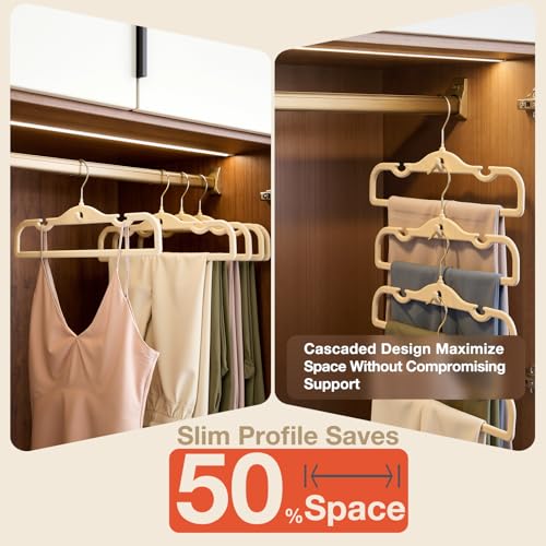 Velvet Pants Hangers 20 Pack Velvet Hangers,Pant Hangers,Non Slip Fabric with Stackable Cascading Hook,Suit for Pants,Jeans,Scarf,Towels,Tank Top,Coat（Beige）