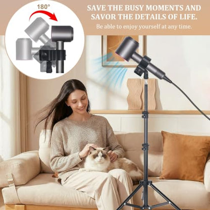Hands Free Hair Dryer Stand with Tripod, 23.6-47.2 Inch Adjustable Height, 180° Rotating Universal Clip, Foldable Metal Blow Dryer Holder for Bathroom Vanity Makeup Room Home Styling & Pet Grooming, Fits Most Hair Dryers