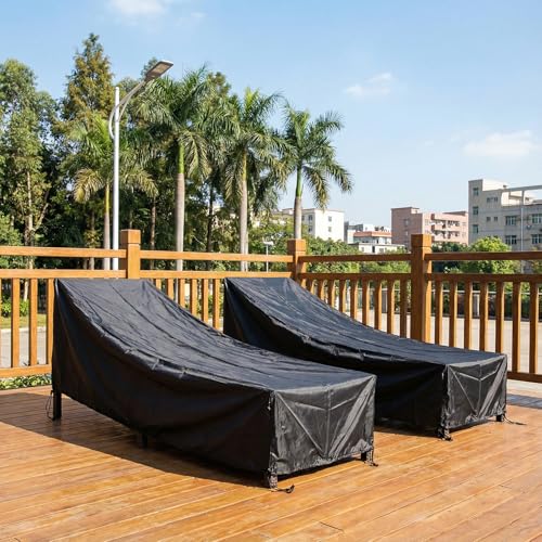 2 PCS Patio Chaise Lounge Cover Waterproof, Patio Lounge Chair Protector with Windproof Straps, Black Durable Patios Furniture Covers for Outside Stackable Cushions and Outdoor Furniture (83×30×32in)