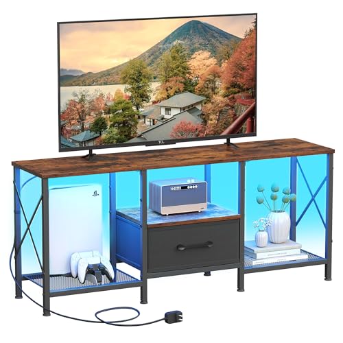 JARHETUN LED TV Stand with Fabric Drawer, Entertainment Center for 50 55 Inch TV, Industrial TV Console Table with Open Storage Shelves for Living Room, Bedroom, Rustic Brown