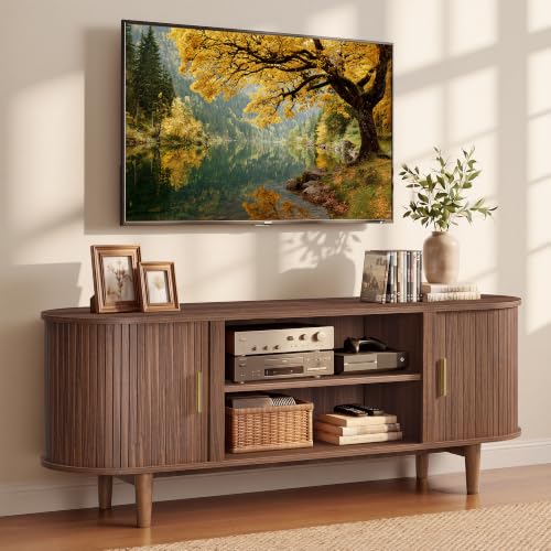 VASAGLE TV Stand for 65-Inch TVs, Mid Century Entertainment Center with Storage, Fluted Sliding Doors, Media Console Table for Living Room, Bedroom, Chestnut Walnut ULTV633K101