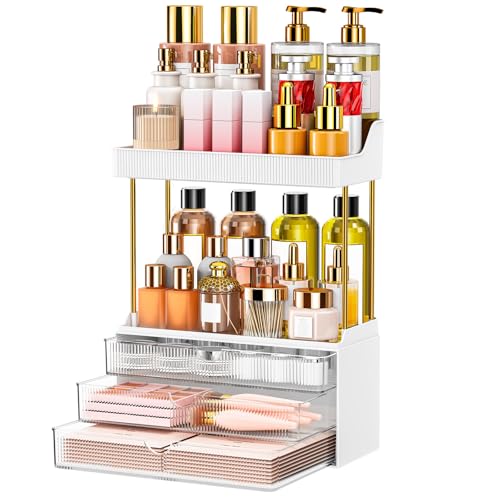 3-Drawer 2-Tier Acrylic Makeup & Bathroom Vanity Organizer | Clear,3 smooth drawers, 2 open shelves, dustproof, wipe clean, for large skincare, perfumes, lipsticks, dresser, counter