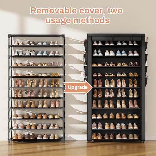 VTRIN Tall Shoe Rack with Cover, 10 Tier Shoe Organizer Storage for 50-55 Pairs Shoes and Boots Large Capacity Shoe Shelf with 8 Pockets Free Standing Shoe Rack for Closet, Entryway, Garage