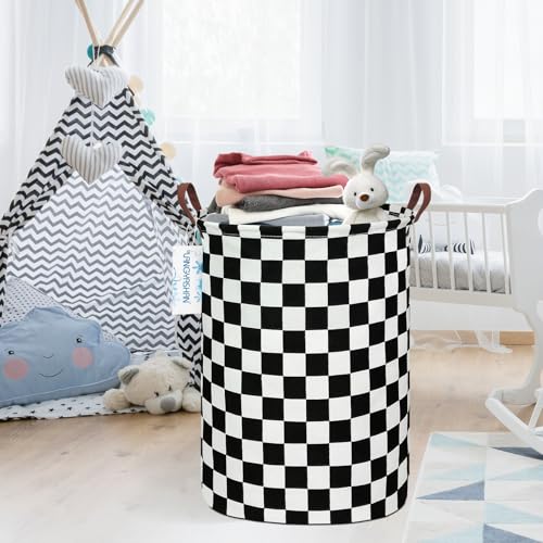 Round Laundry Basket Collapsible Boys Nursery Car Hamper Racing Flag | Waterproof Canvas Foldable Checkered Storage Bin Car Toy Bins Gift Baskets Bedroom Clothes for Home Play Bedroom Gift