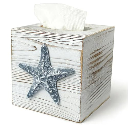 Coastal Tissue Box Cover Wooden Retro with Sliding Bottom Panel Beach Decor for Bathroom Bedroom Living Room,Starfish Decor Suitable for Coastal Gifts Beach House Gifts