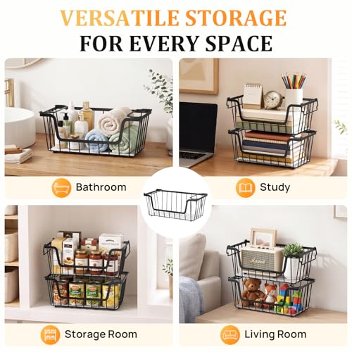 SUNALLY Stackable Storage Bins 4 Pcs Wire Baskets Freezer Organizer, Black | Pantry Organizers Storage, Vegetable Fruit Storage Basket for Countertop, Kitchen Baskets for Onion Potato Snack Cans Storage