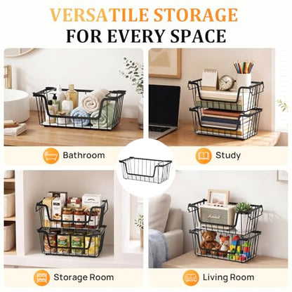SUNALLY Stackable Storage Bins 4 Pcs Wire Baskets Freezer Organizer, Black | Pantry Organizers Storage, Vegetable Fruit Storage Basket for Countertop, Kitchen Baskets for Onion Potato Snack Cans Storage