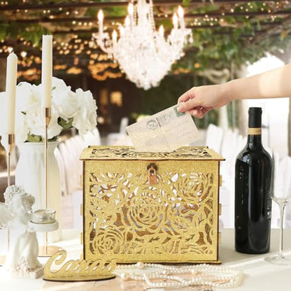 Glittery Gold Wedding Card Box with Lock, Wooden Gift Card Box for Wedding Reception, Elegant Wedding Money Envelope Card Box Holder for Party Graduation Birthday Baby Shower Decorations