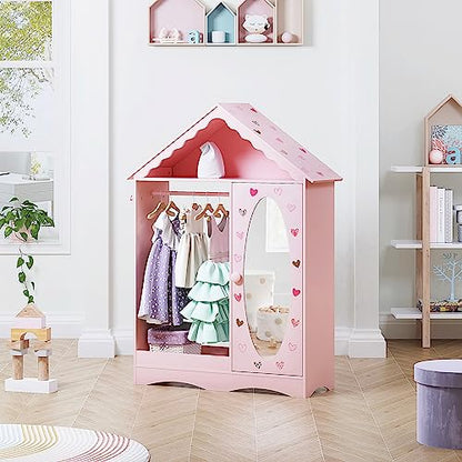 UTEX Dollhouse Kids Dress Up Wardrobe with Storage Cabinet and Mirror | Open Hanging Costume Organizer, Kids Wardrobe Closet, Water-based Paint for Kids Room, Playroom, Pink