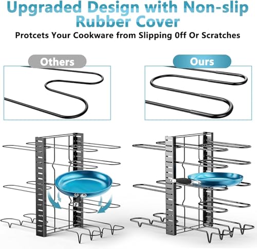 Pots and Pans Organizer Under Cabinet 16.6", 8-Tier Adjustable Rack | 3 DIY Modes, Tool-Free Assembly, Non-Slip, Fits Lightweight Cookware Up to 11", For Kitchen Cabinets, Shelves & Countertops