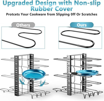 Pots and Pans Organizer Under Cabinet 16.6", 8-Tier Adjustable Rack | 3 DIY Modes, Tool-Free Assembly, Non-Slip, Fits Lightweight Cookware Up to 11", For Kitchen Cabinets, Shelves & Countertops