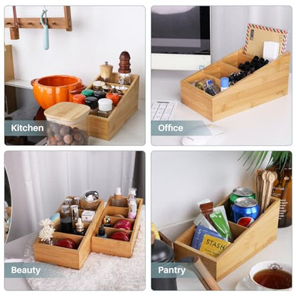 HTB 4-Section Snack Organizer with Removable Dividers for Kitchen 2 Pack | Bamboo Pantry Storage Organization for Spice Packets, Seasoning Pouches, Coffee Pods,Food,Drawer Countertop,Easy Access