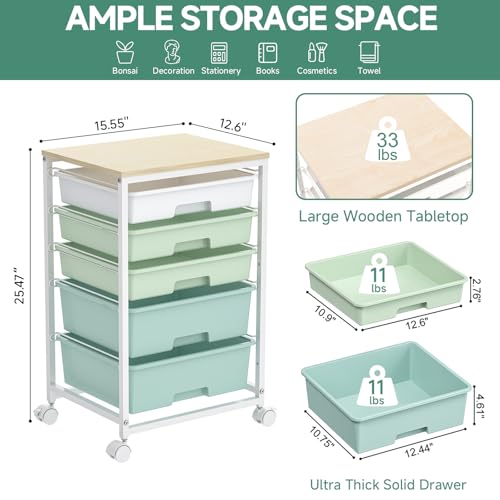 Rolling Cart with Drawers,5 Drawers Storage Cart,Light Green | 5-Tiers Utility Cart with Drawers with Lockable Wheels for Craft Organizers and Storage,Home Office,Classroom,Dorm,Playroom