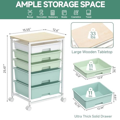 Rolling Cart with Drawers,5 Drawers Storage Cart,Light Green | 5-Tiers Utility Cart with Drawers with Lockable Wheels for Craft Organizers and Storage,Home Office,Classroom,Dorm,Playroom
