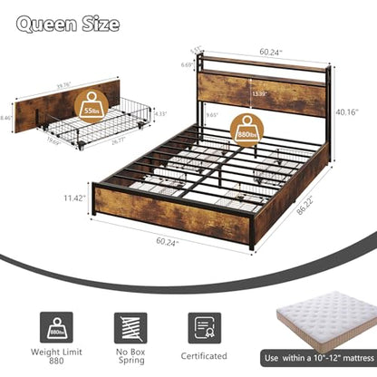 VINGLI Queen Bed Frame with 4 Storage Drawers and Headboard, Metal Platform Panel Bed with Charging Station and RGB LED Lights, No Box Spring Needed, Noise Free, Easy Assembly,Rustic Brown