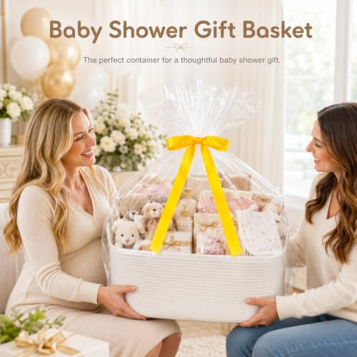 OIASKET Large Empty Cotton Rope Gift Basket with Handles, 16.5"x12.6"x7" Decorative Woven Storage Basket with Gift Bag and Ribbon Set for Baby Shower, Toy Organizer for Kids, Dogs & Cats - White