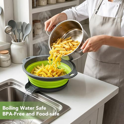 3-Pack Collapsible Colander for Kitchen with Self-Draining Base Foldable Strainers Set Round Silicone Food Drainer for Pasta Fruits and Vegetables (3QT, 4QT and 5QT)