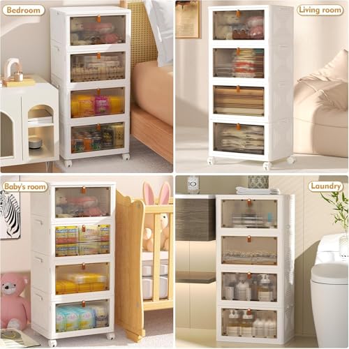 4 Tier Plastic Storage Bins with Lid 23QT, Stackable Storage Bins | Plastic Storage Bins with Wheels, Folding Storage Boxes, Organizers and Storage for Living Room,Office,Dorm
