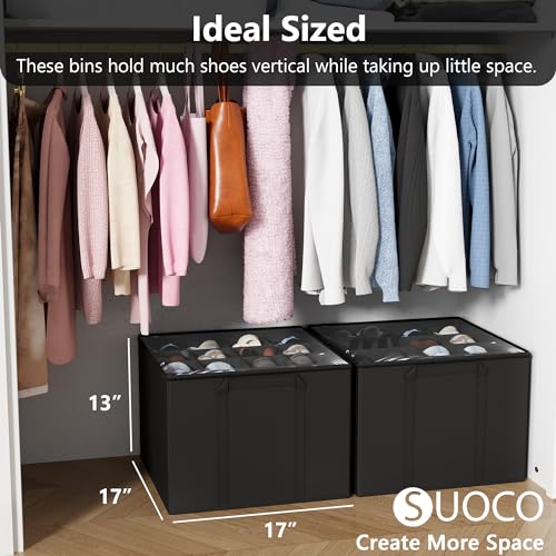 SUOCO 2 Pack Shoe Organizer for Closet, Fits up to 32 Pairs, Small Space Shoe Storage Boxes Bins Containers w/Adjustable Dividers and Clear Top, Black