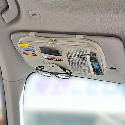 Car Sun Visor Organizer, Auto Interior Accessories Pocket Organizer - Car Truck SUV Storage Pouch Holder, with Multi-Pocket Net Zipper (Gray)