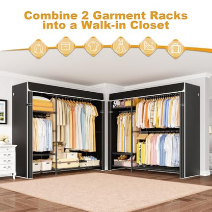 Clothes Rack with Cover Covered Clothing Racks for Hanging Clothes | F7C Plus Heavy Duty Garment Rack, Adjustable Shelves and Rods Max Load 790 Lbs, Black Portable Closet Rack with Black Cover