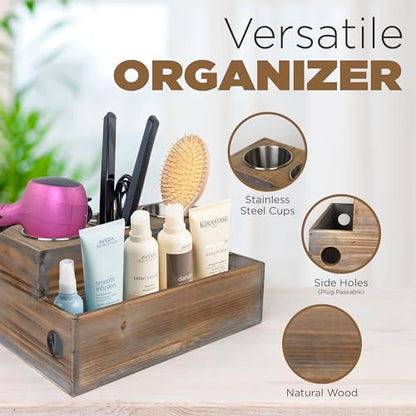 Besti Wooden Hair Dryer Holder – Hair Tools and Styling Supplies Organizer and Storage for Vanity and Bathroom - Natural Elegant Design - Multi-Functional Caddy for Accessories, Makeup, Toiletries