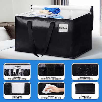 Heavy Duty Moving Bags, Extra Large Storage Bags, 93L, 6-Pack, Black | Foldable, with Zippers, Tag Pocket & Handles, Reusable, Space-saving, Water-Resistant, for moving & storage, Versatile Use