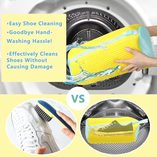 2Pcs Shoe Washing Machine Bags, Laundry Shoe Bags for Washer and | Dryer, Sturdy Zipper with Hook Design, Reusable Washing Bag for Sneaker, Tennis,Fits All Shoe Types & Sizes, （Yellow 2 Packs）