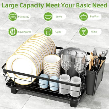 Small Dish Drying Rack, Space Saving Dish Racks for Kitchen Counter, Kitchen Organizer Dish Drainer with Cutlery Holder for Spoons and Forks, 11''W x 15''L, Black