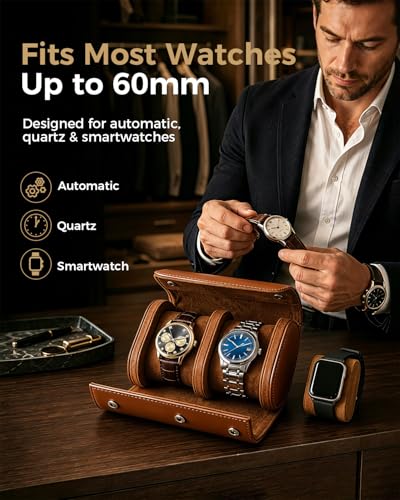 Watch Travel Case for Men: Watch Roll Box 2-Slot with Removable Pillows | Soft Lining, Snap Closure, Portable Storage Compact Organizer for Travel & Display - Gift for Men (Brown)