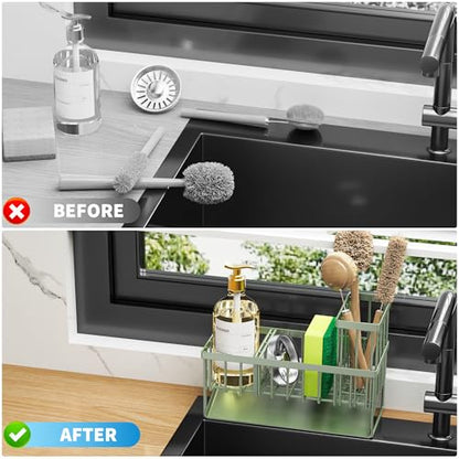 Kitchen Sink Caddy, Sponge Holder for Kitchen Sink, Kitchen Sink Organzier and Storage with High Brush Holder, 304 Stainless Gadgets Sink Accessories, Organizadores de Cocina Sage Green