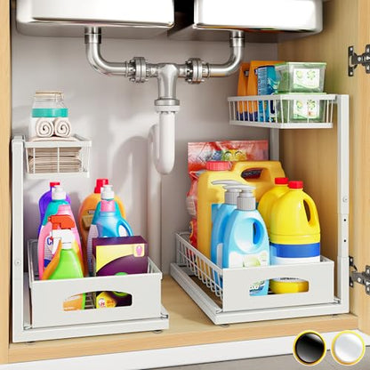 Under Sink Organizer, 2 Pack Cabinet Organizer for... (2 Count | White | Iron)