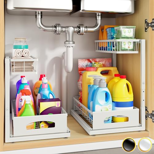 Under Sink Organizer, 2 Pack Cabinet Organizer for... (2 Count | White | Iron)