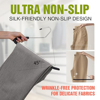 Foam Padded Non Slip Women Men Slacks Trouser Pants Hangers Black Long 10 | No Crease, Rubber Grip, Thick Sponge Felt Coated Covered, Coat Dress Suit Clothes, Chrome Heavy Duty, Space Saving Open Ended