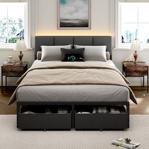 Full Size Bed Frame with Upholstered Headboard & 2... (Dark Gray)
