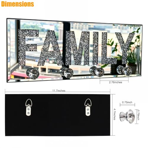 Crushed Diamond FAMILY Key Holder, Silver Mirror Wall Decor,11.8" ,4 Hooks | crushed diamond silver mirror with safe beveled edges,4 2-lb capacity acrylic hooks ,shatterproof, for keys/scarves/bags etc.