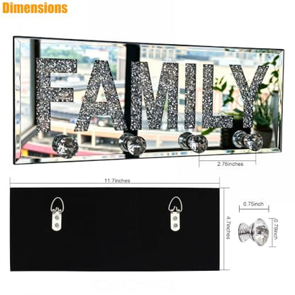 Crushed Diamond FAMILY Key Holder, Silver Mirror Wall Decor,11.8" ,4 Hooks | crushed diamond silver mirror with safe beveled edges,4 2-lb capacity acrylic hooks ,shatterproof, for keys/scarves/bags etc.