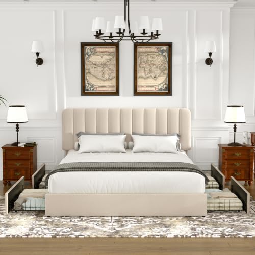 VECELO Queen Size Upholstered Bed Frame with 4 Drawers and Headboard, Velvet Platform Storage Bedframe, Wooden Slats Support, No Box Spring Needed, Beige