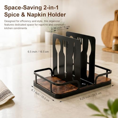 Napkin Holder for Table with Salt and Pepper Shakers Caddy, Farmhouse Kitchen Counter Organizer with Bamboo Base, Dining Table Napkin Holder for Restaurant Home Decor