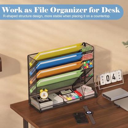 Jakyitvi Adjustable 5 Tiers Wall File Organizer Metal Hanging Holder Black | 5 tiers desk paper organizer, folder holder wall mount, mail organizer for home office, hanging document tray