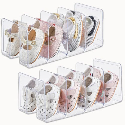 UFORU 2-Pack Acrylic Toddler Shoe Organizer,Baby Kids Shoe Rack Storage | Clear Stackable 4‑Section Shelf Hold Up To Four Pairs Per Rack,Also Organizes Books, Files, Purses And Desk Supplies.